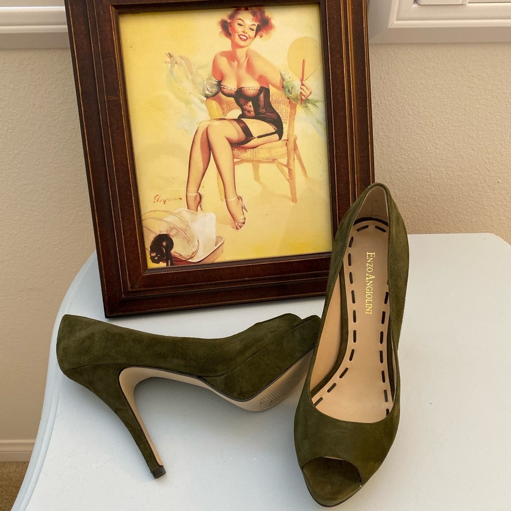 Enzo Angiolini Green Suede Leather Peep Toe